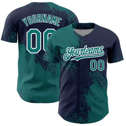 Custom Abstract Brush Stroke Baseball Jersey in Teal Navy White - Personalized Name & Number 3D Pattern Design Personalized