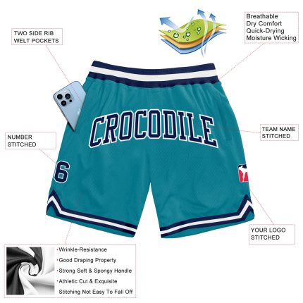 Custom Name Number Basketball Shorts Teal Navy White Authentic Throwback Design Personalized Teal Navy-White Authentic Throwback