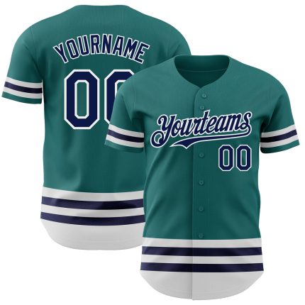 Custom Name and Number Authentic Baseball Jersey - Personalized Teal Navy White Line Design Personalized Teal Navy-White