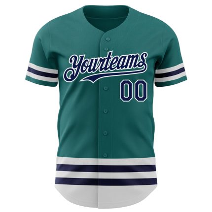 Custom Name and Number Authentic Baseball Jersey - Personalized Teal Navy White Line Design Personalized Teal Navy-White