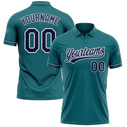 Custom Name Number Personalized Teal Navy White Performance Golf Polo Shirt Personalized Teal Navy-White Performance Vapor