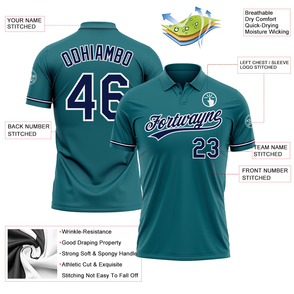 Personalized Teal Navy-White Performance Vapor Golf Polo Shirt Team Custom Name and Number Custom Name Number Personalized Teal Navy White Performance Golf Polo Shirt Personalized Teal Navy-White Performance Vapor - Image 3