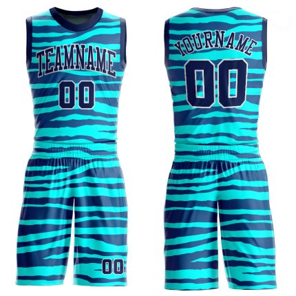 Custom Basketball Jersey with Name and Number - Teal Navy White Round Neck Sublimation Suit Personalized Teal Navy-White