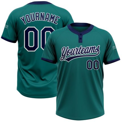 Custom Name Number Unisex Softball Jersey - Personalized Teal Navy White Two-Button Jersey Personalized Teal Navy-White Two-Button