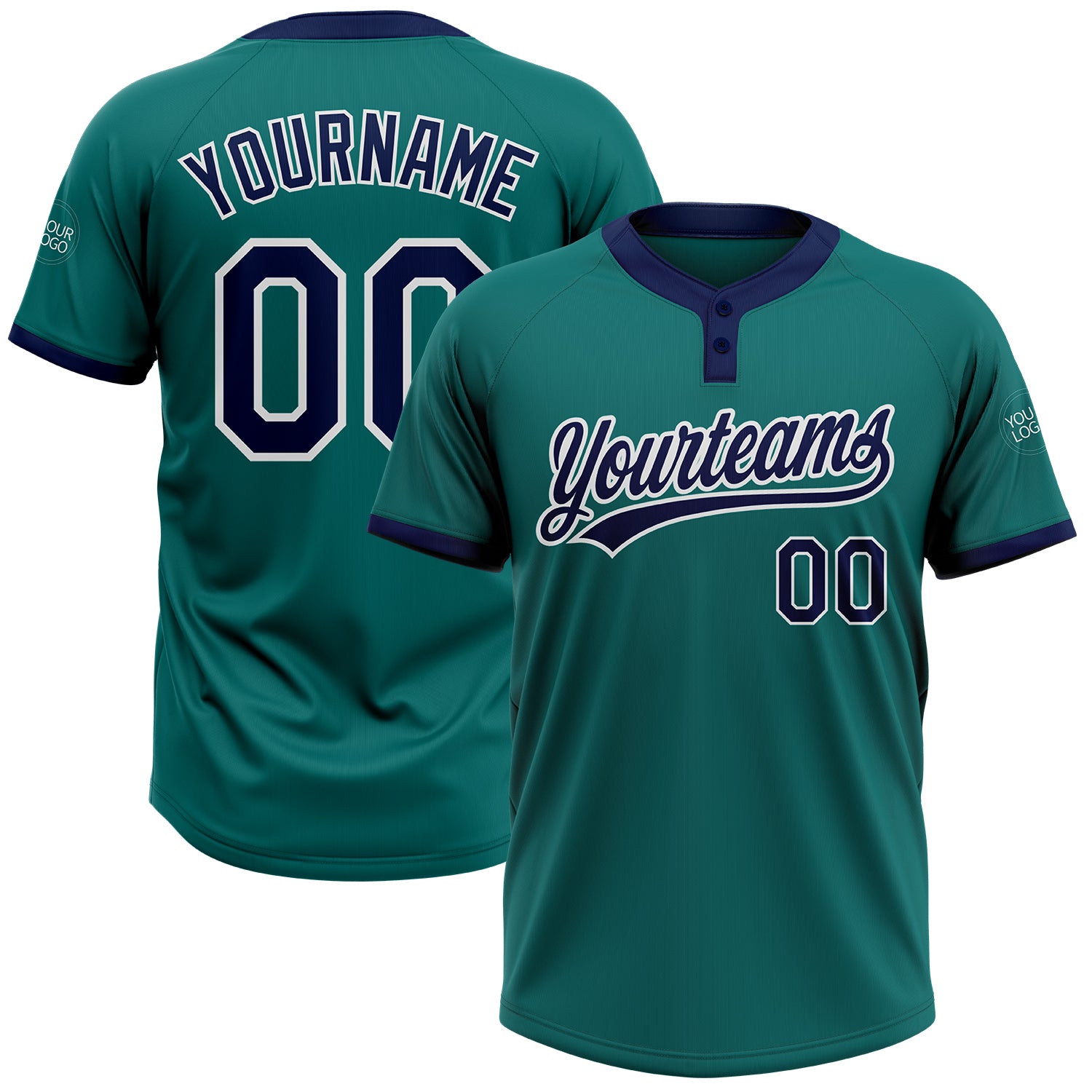 Custom Name Number Unisex Softball Jersey - Personalized Teal Navy White Two-Button Jersey Personalized Teal Navy-White Two-Button