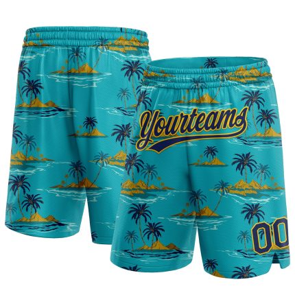 Custom Name Number Basketball Shorts Hawaii Palm Trees Teal Navy Yellow 3D Pattern Personalized Teal Navy-Yellow 3D Pattern