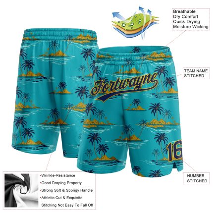 Custom Name Number Basketball Shorts Hawaii Palm Trees Teal Navy Yellow 3D Pattern Personalized Teal Navy-Yellow 3D Pattern