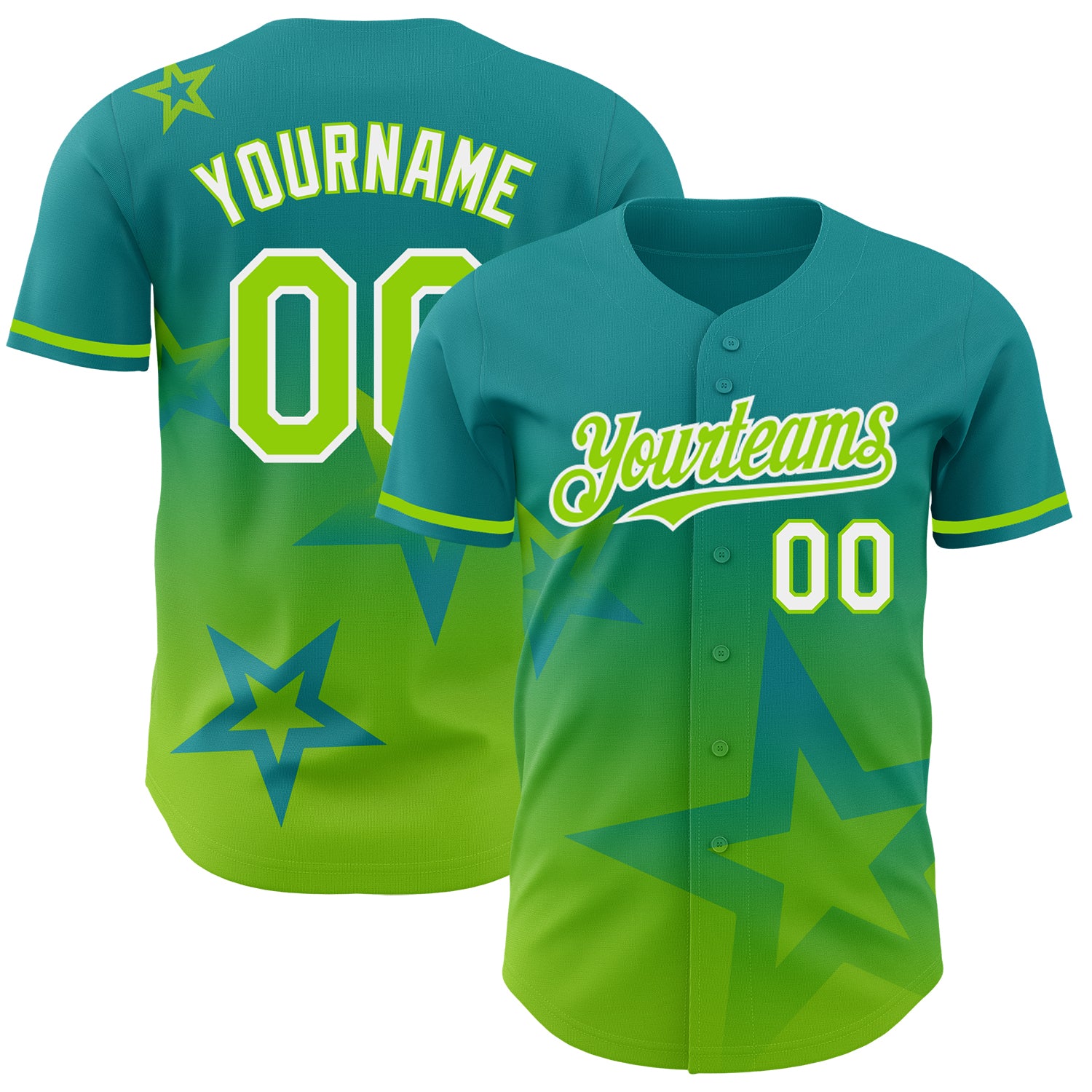 Custom Neon Green Teal 3D Gradient Twinkle Star Baseball Jersey with Personalized Name and Number Personalized Teal Neon