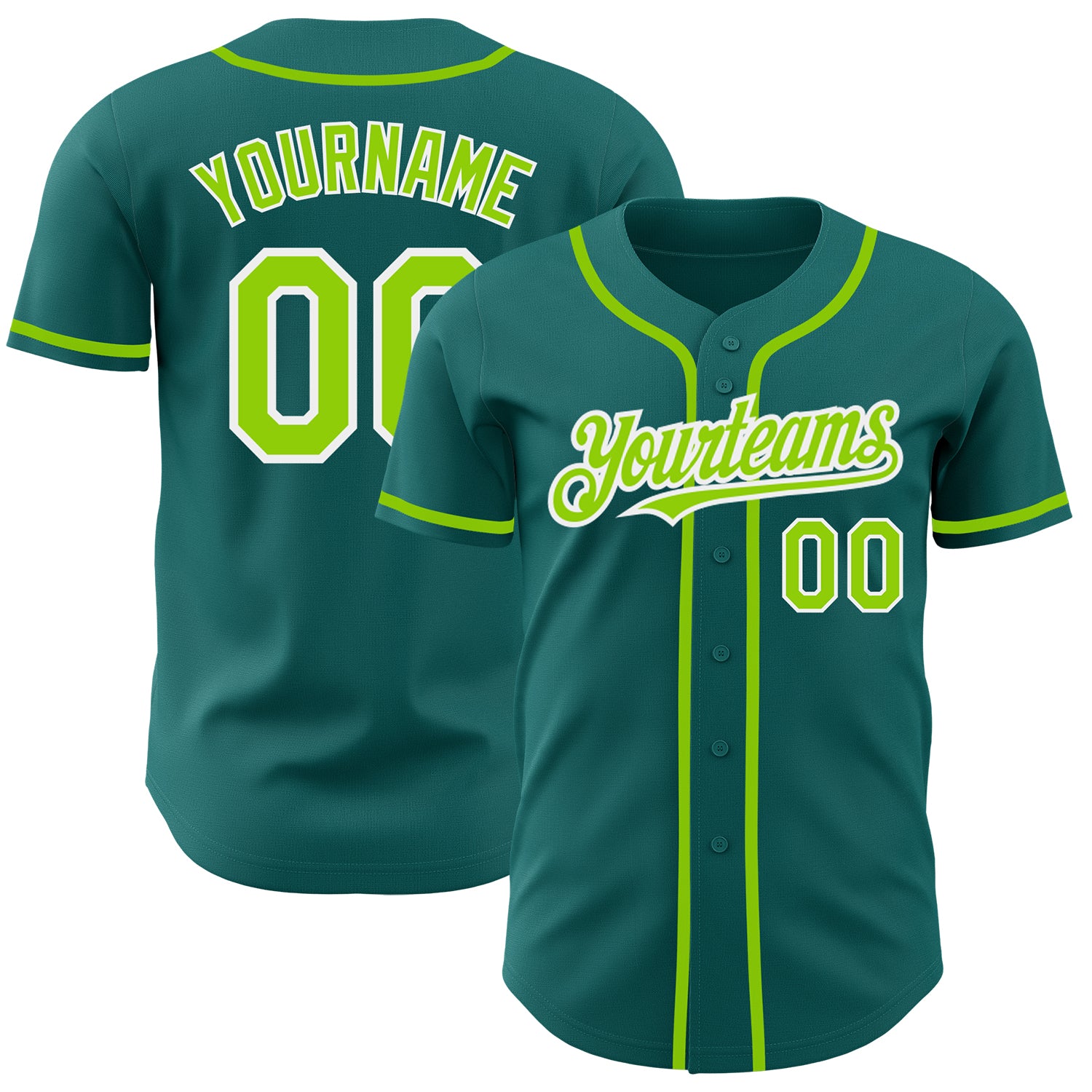 Custom Team Baseball Jersey with Personalized Name and Number - Teal Neon Green and White Authentic Design Personalized Teal