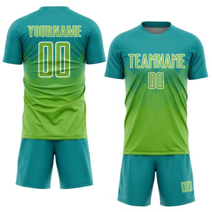 Custom Soccer Jersey with Personalized Name and Number - Teal Neon Green-White Sublimation Team Uniform Personalized Teal