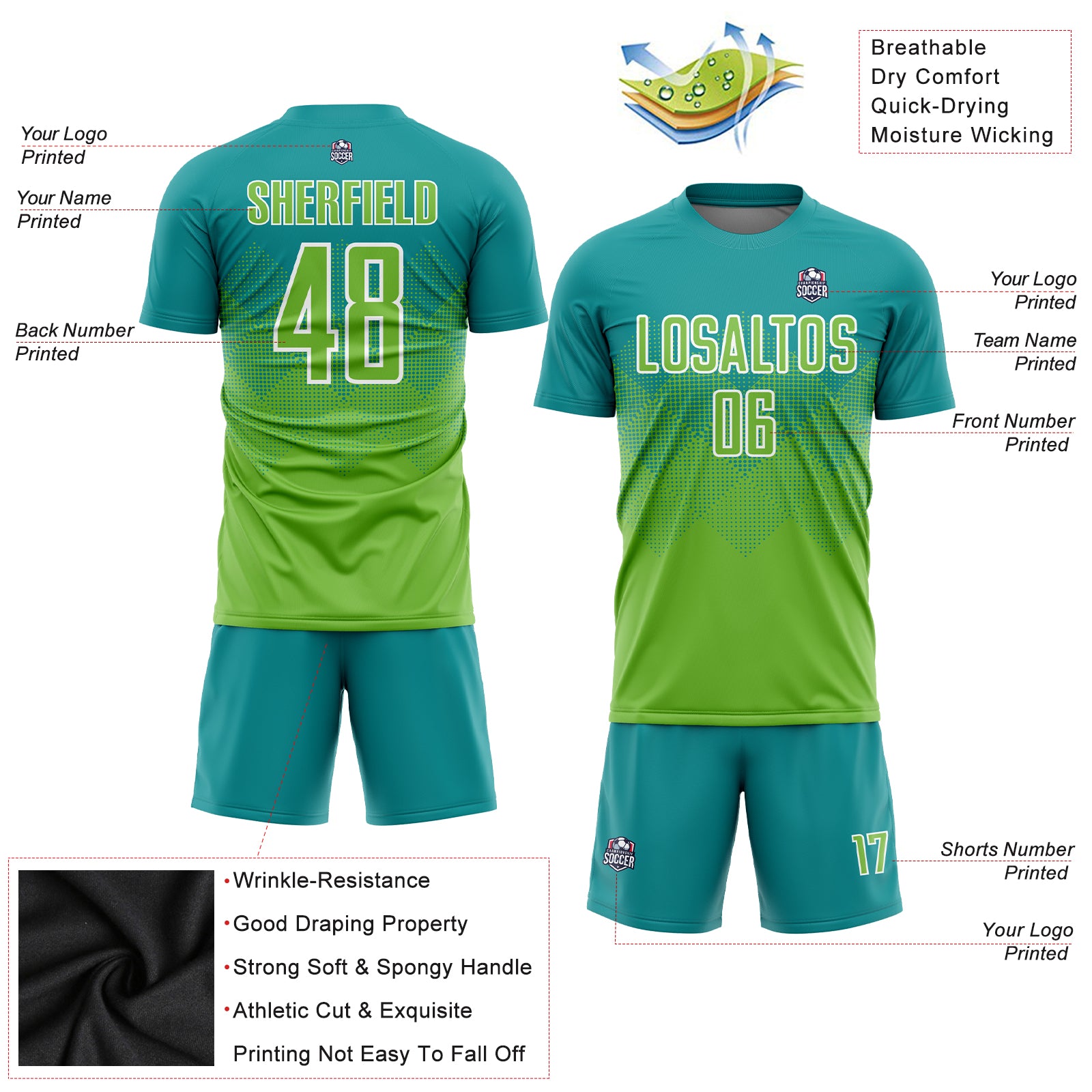 Personalized Teal Neon Green-White Sublimation Soccer Uniform Jersey Team Custom Name and Number Custom Soccer Jersey with Personalized Name and Number - Teal Neon Green-White Sublimation Team Uniform Personalized Teal - Image 3