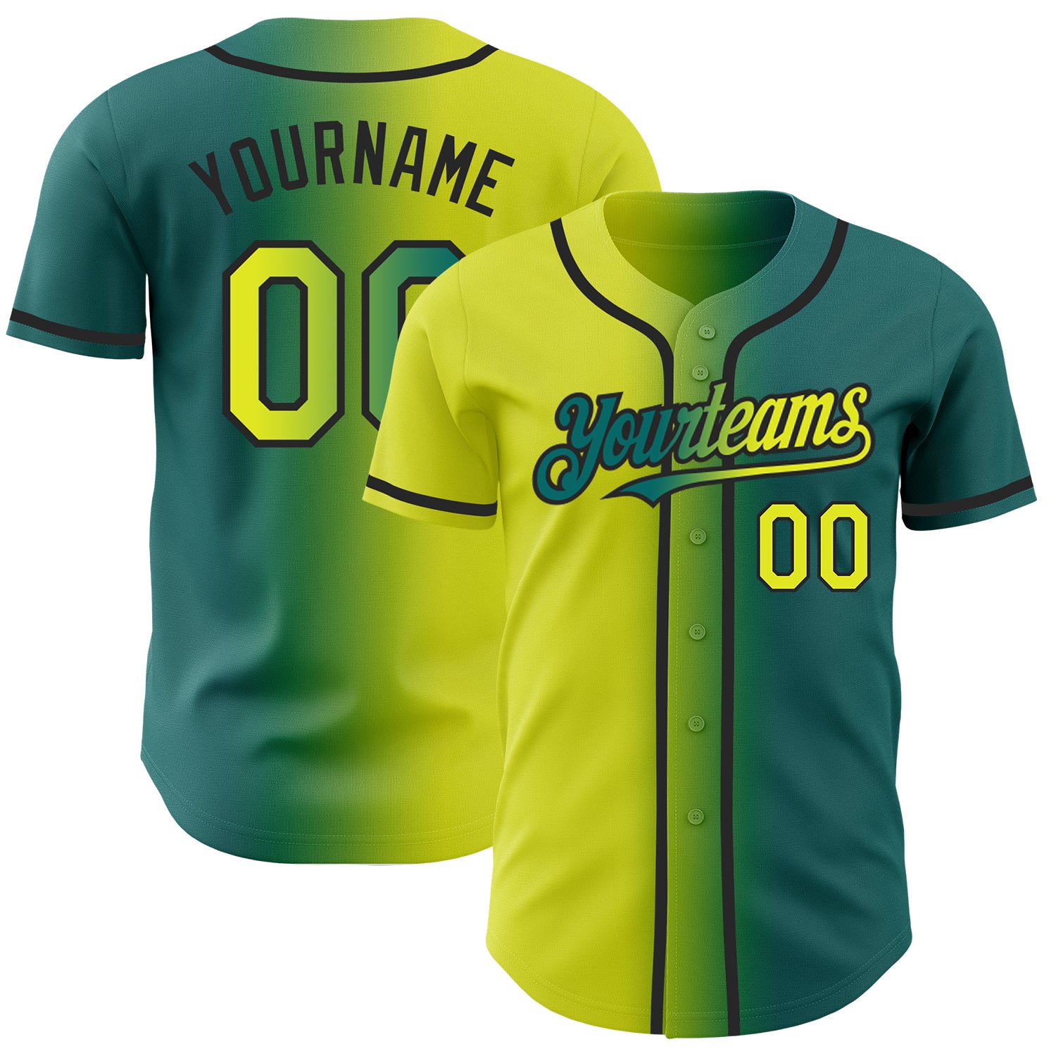 Custom Team Name and Number Baseball Jersey - Personalized Teal Neon Yellow Black Gradient Fashion Design Personalized Teal