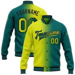 Custom Name and Number Teal Neon Yellow Black Bomber Varsity Letterman Jacket Gradient Fashion Full-Snap Personalized Teal