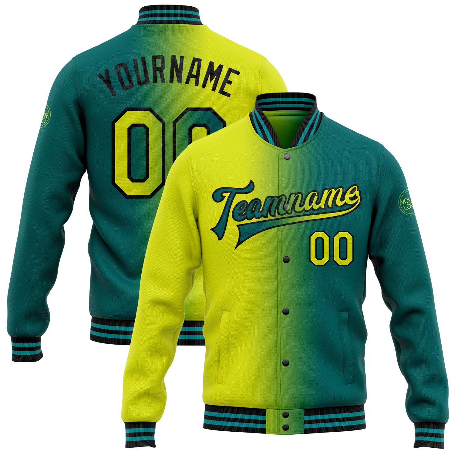 Custom Name and Number Teal Neon Yellow Black Bomber Varsity Letterman Jacket Gradient Fashion Full-Snap Personalized Teal