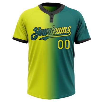 Custom Softball Jersey with Personalized Name & Number, Teal Neon Yellow-Black Gradient, Unisex, Two-Button Design Personalized