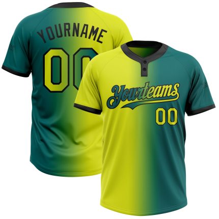 Custom Softball Jersey with Personalized Name & Number, Teal Neon Yellow-Black Gradient, Unisex, Two-Button Design Personalized