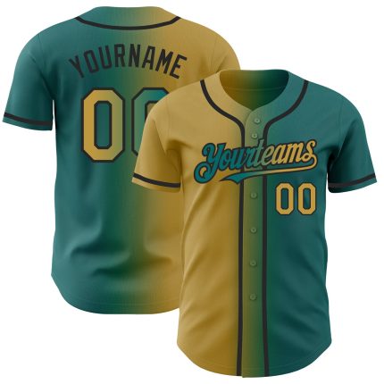 Custom Gradient Baseball Jersey - Teal Old Gold-Black, Personalized Name & Number Personalized Teal Old Gold-Black Authentic
