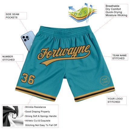 Custom Name Number Teal Gold Black Authentic Throwback Basketball Shorts - Personalized Team Gear Personalized Teal Old Gold-Black