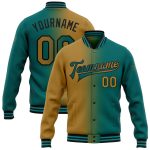 Custom Team Name and Number Teal Old Gold Black Gradient Bomber Varsity Letterman Fashion Jacket Personalized Teal Old Gold-Black