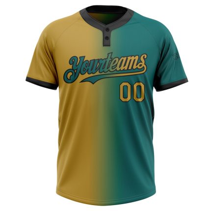 Custom Two-Button Softball Jersey Unisex with Personalized Name & Number - Teal Old Gold-Black Gradient Design Personalized