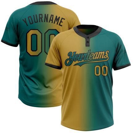 Custom Two-Button Softball Jersey Unisex with Personalized Name & Number - Teal Old Gold-Black Gradient Design Personalized