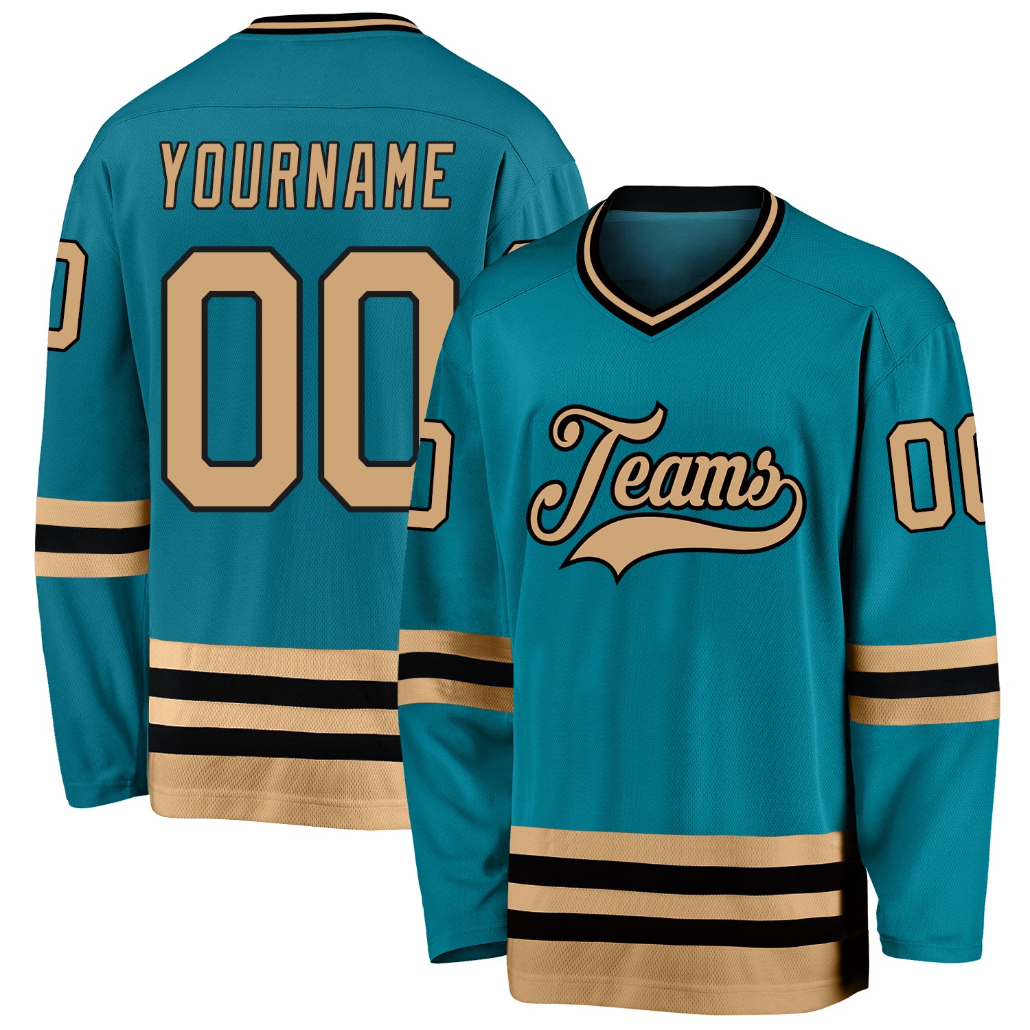 Custom Teal and Old Gold-Black Hockey Jersey with Personalized Name and Number - Team Apparel Personalized Teal Old Gold-Black