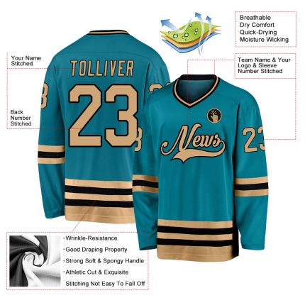 Custom Teal and Old Gold-Black Hockey Jersey with Personalized Name and Number - Team Apparel Personalized Teal Old Gold-Black