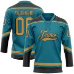 Custom Name and Number Teal and Gold Hockey Lace Neck Jersey - Personalized Team Gear Personalized Teal Old Gold-Black Hockey