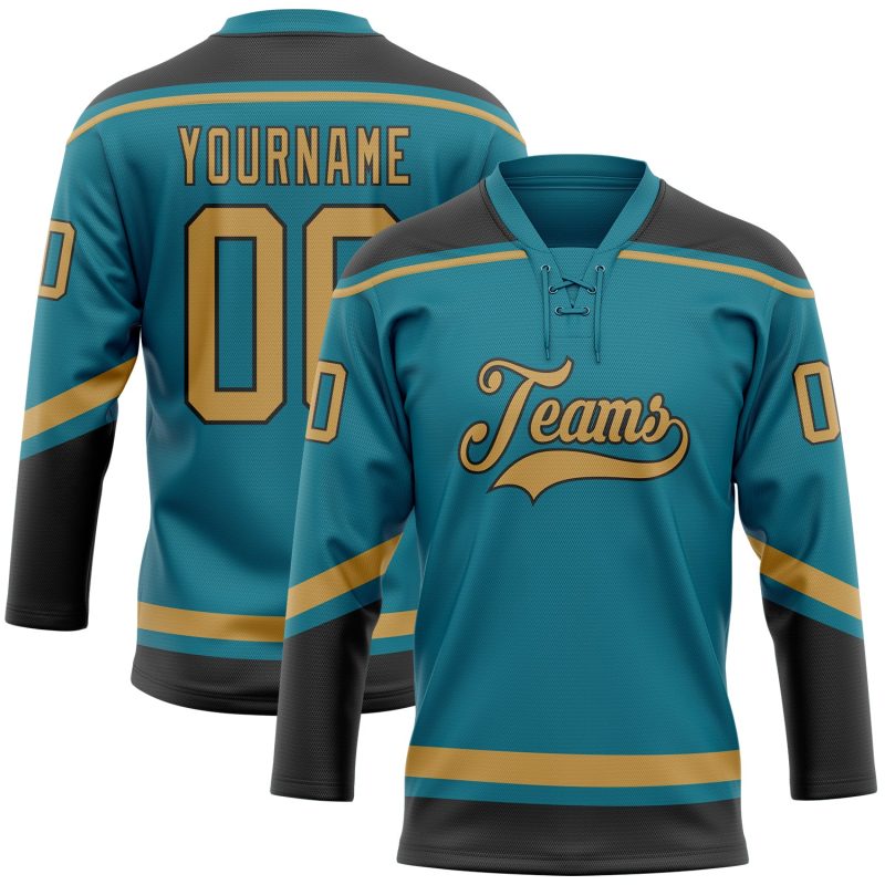 Custom Name and Number Teal and Gold Hockey Lace Neck Jersey - Personalized Team Gear Personalized Teal Old Gold-Black Hockey