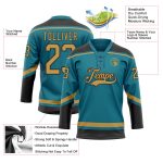 Custom Name and Number Teal and Gold Hockey Lace Neck Jersey - Personalized Team Gear Personalized Teal Old Gold-Black Hockey