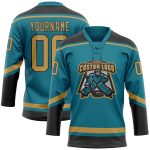 Custom Name and Number Teal and Gold Hockey Lace Neck Jersey - Personalized Team Gear Personalized Teal Old Gold-Black Hockey