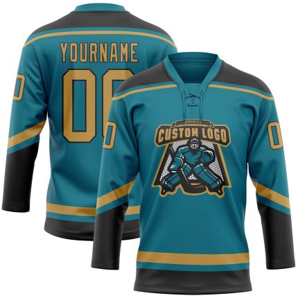Custom Name and Number Teal and Gold Hockey Lace Neck Jersey - Personalized Team Gear Personalized Teal Old Gold-Black Hockey