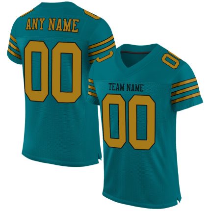 Personalized Teal Black Gold Authentic Football Jersey - Custom Mesh Sportswear Personalized Teal Old Gold-Black Mesh Authentic