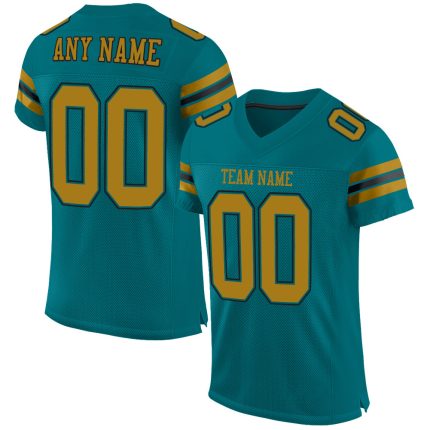 Custom Name and Number Personalized Football Jersey in Teal Old Gold-Black Mesh, Authentic Team Apparel Personalized Teal