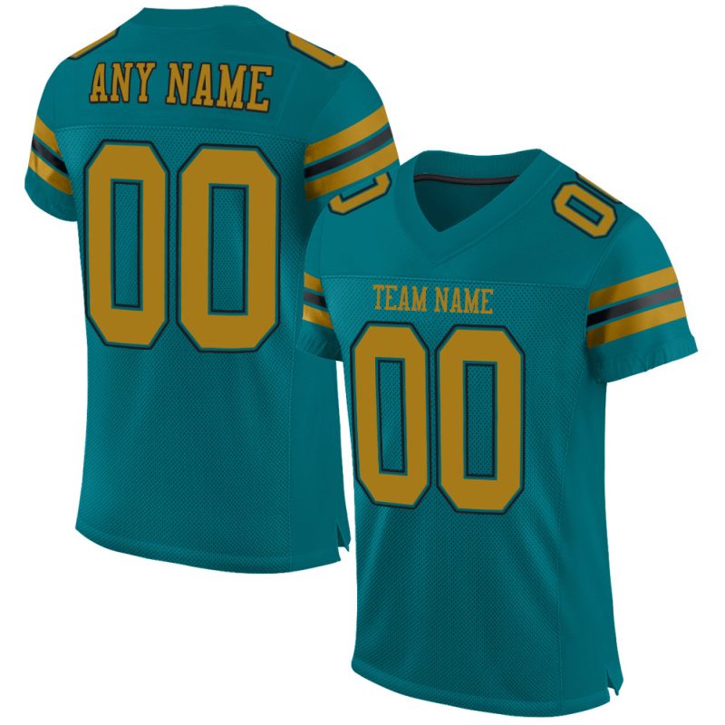 Custom Name and Number Personalized Football Jersey in Teal Old Gold-Black Mesh, Authentic Team Apparel Personalized Teal