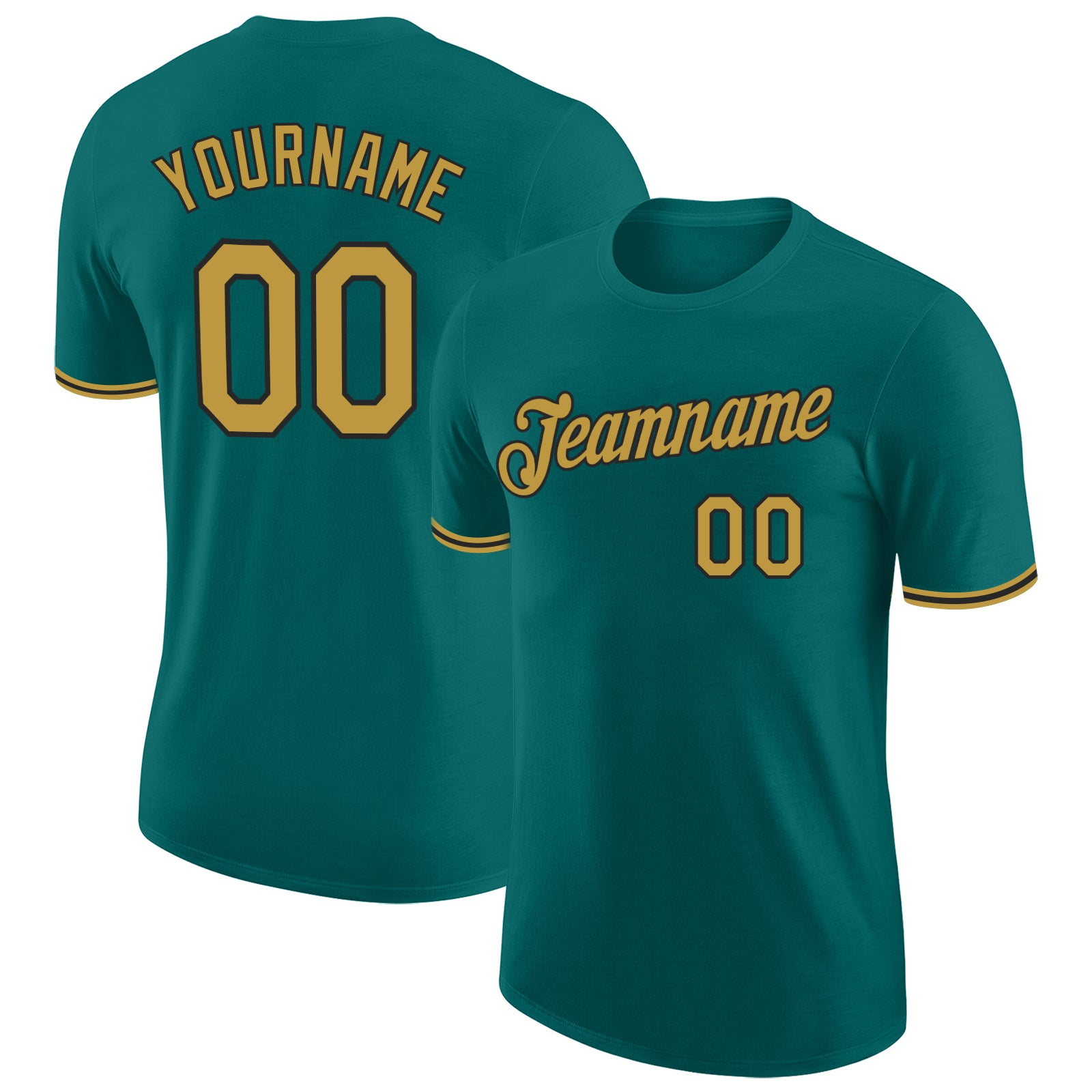 Custom Teal Old Gold Black Performance T-Shirt with Team Name and Number - Personalized Sportswear Personalized Teal Old