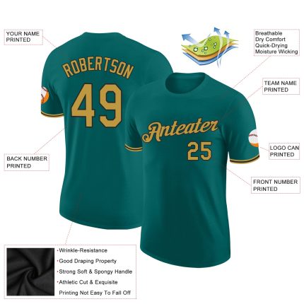 Custom Teal Old Gold Black Performance T-Shirt with Team Name and Number - Personalized Sportswear Personalized Teal Old