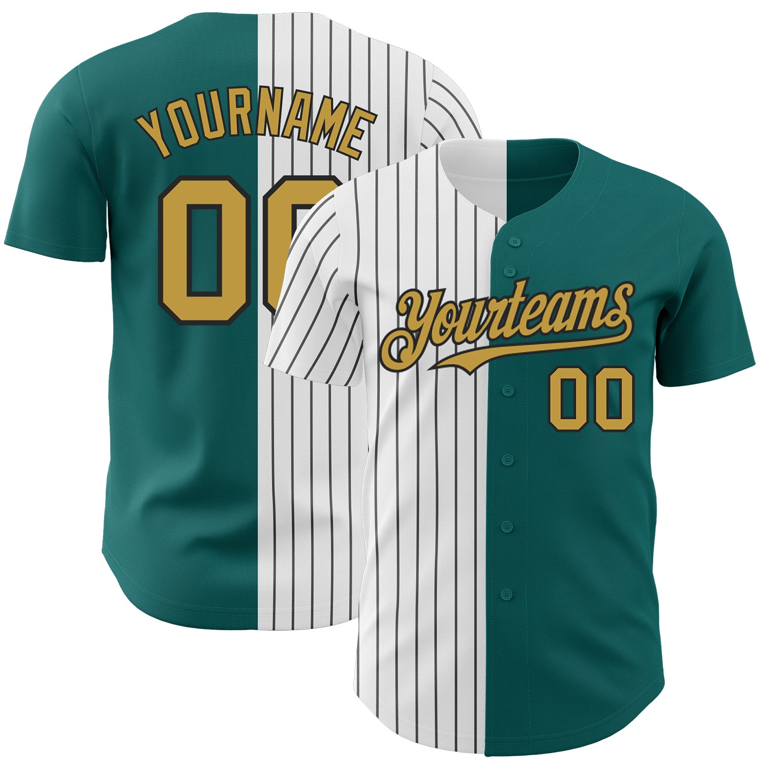 Custom Name and Number Baseball Jersey, Teal Old Gold Black Pinstripe, Authentic Split Design, Personalized Fashion Jersey