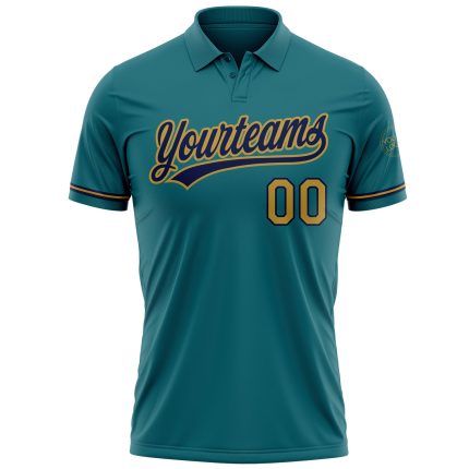 Custom Name and Number Teal Old Gold Navy Performance Golf Polo Shirt - Personalized Team Apparel Personalized Teal Old Gold-Navy