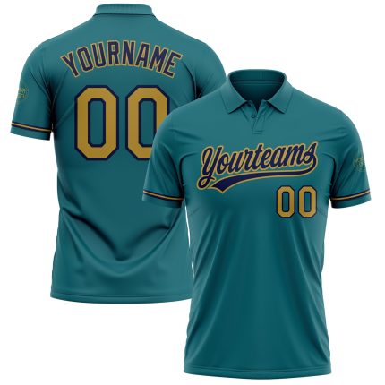Custom Name and Number Teal Old Gold Navy Performance Golf Polo Shirt - Personalized Team Apparel Personalized Teal Old Gold-Navy