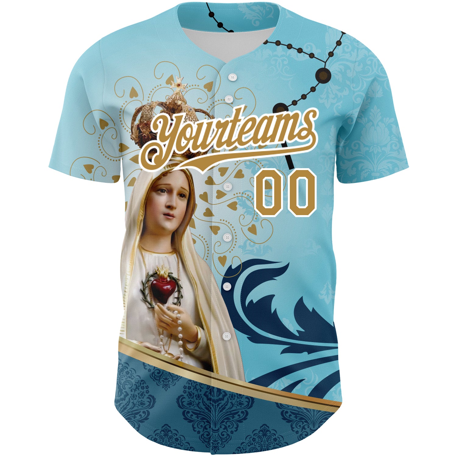 Personalized Teal Old Gold-White 3D Pattern Design Religion Virgin Mary Authentic Baseball Jersey Team Custom Name and Number Custom Virgin Mary Baseball Jersey with Teal Old Gold-White 3D Pattern | Personalize Name & Number Personalized Teal Old - Image 2