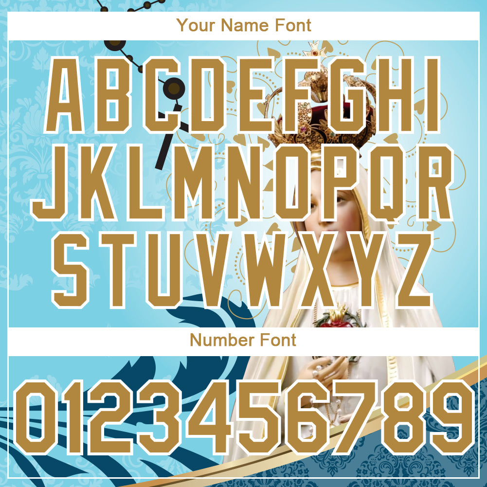 Personalized Teal Old Gold-White 3D Pattern Design Religion Virgin Mary Authentic Baseball Jersey Team Custom Name and Number Custom Virgin Mary Baseball Jersey with Teal Old Gold-White 3D Pattern | Personalize Name & Number Personalized Teal Old - Image 5