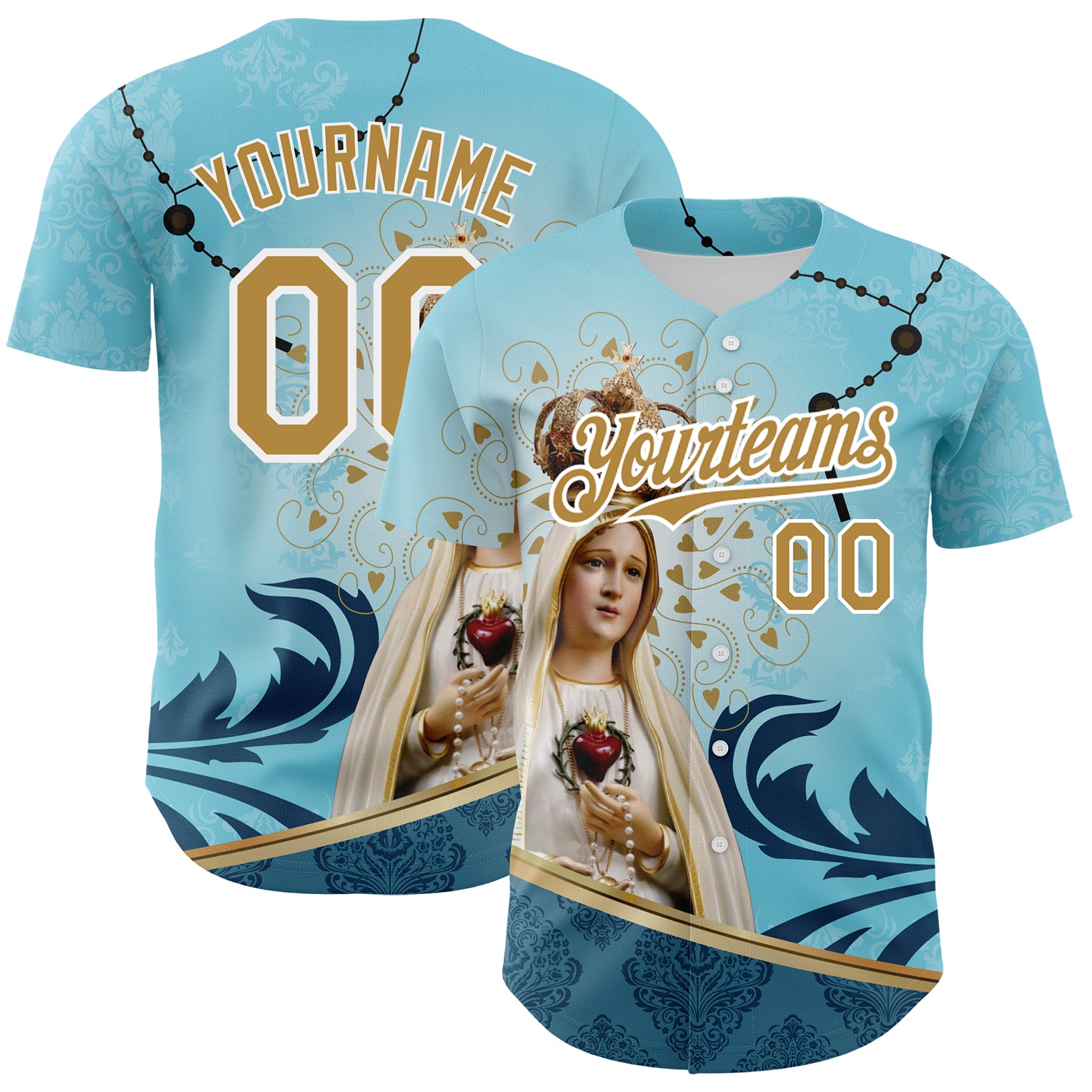 Custom Virgin Mary Baseball Jersey with Teal Old Gold-White 3D Pattern | Personalize Name & Number Personalized Teal Old