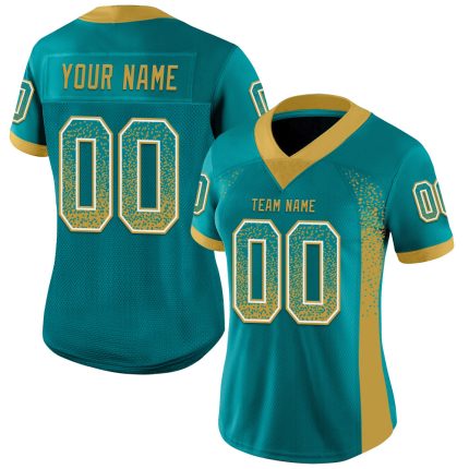 Custom Football Jersey - Personalized Teal Old Gold-White Mesh with Name and Number - Drift Style Personalized Teal Old Gold-White