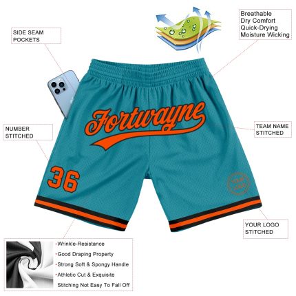 Custom Team Name and Number Basketball Shorts - Personalized Teal Orange-Black Authentic Throwback Style Personalized Teal