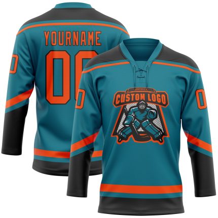 Custom Name Number Hockey Jersey - Personalized Teal Orange Black Lace Neck Team Gear Personalized Teal Orange-Black Hockey