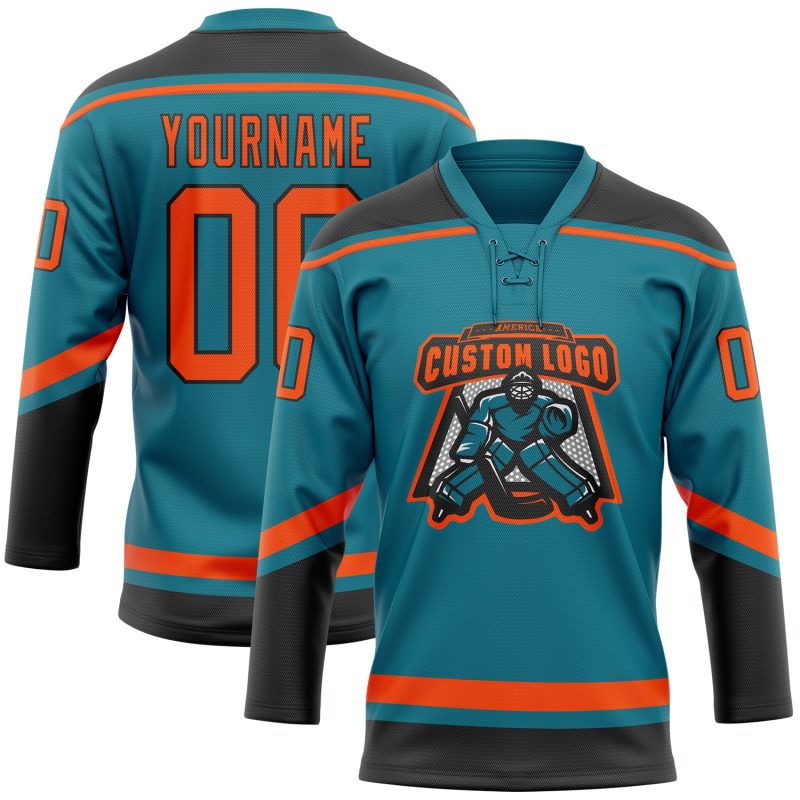 Custom Name Number Hockey Jersey - Personalized Teal Orange Black Lace Neck Team Gear Personalized Teal Orange-Black Hockey