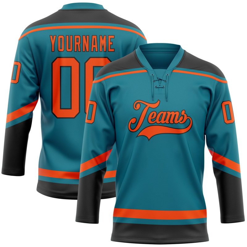 Custom Name Number Hockey Jersey - Personalized Teal Orange Black Lace Neck Team Gear Personalized Teal Orange-Black Hockey