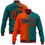 Custom Team Name Number Gradient Bomber Jacket Teal Orange-Navy Full-Snap Varsity Fashion Jacket Personalized Teal Orange-Navy