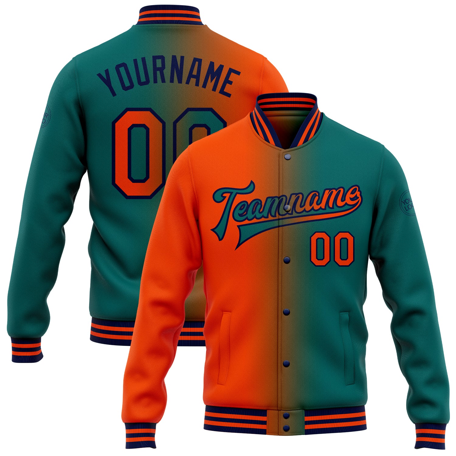 Custom Team Name Number Gradient Bomber Jacket Teal Orange-Navy Full-Snap Varsity Fashion Jacket Personalized Teal Orange-Navy